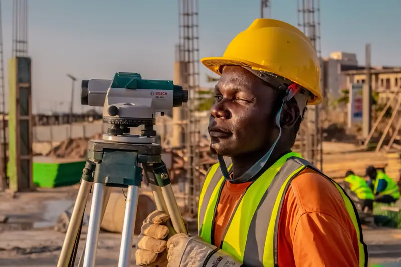 Géomètre en casque jaune et gilet haute visibilité derrière un niveau optique sur un chantier